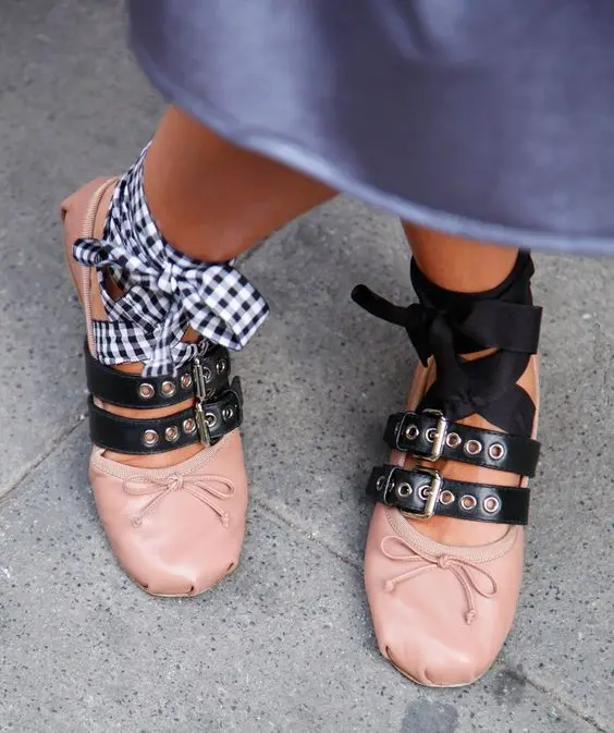 black flats with ribbon ties