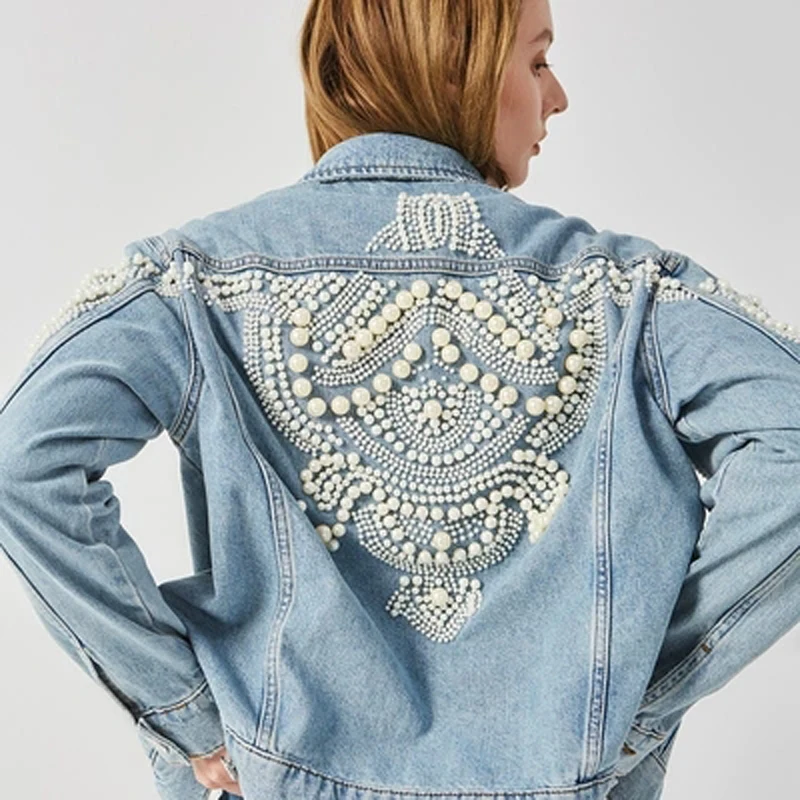 

Street Cotton Nailed Pearl Jeans Jacket Loose Leisure Pearl Embroidered Coat Long Sleeve Short women Tops Trend Fashionable New