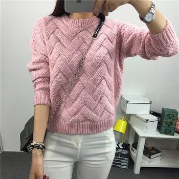 

2019 Autumn Winter Women Pullover Sweaters Plaid Thick warm Knitting Sweaters Mohair Loose Variegated sweater