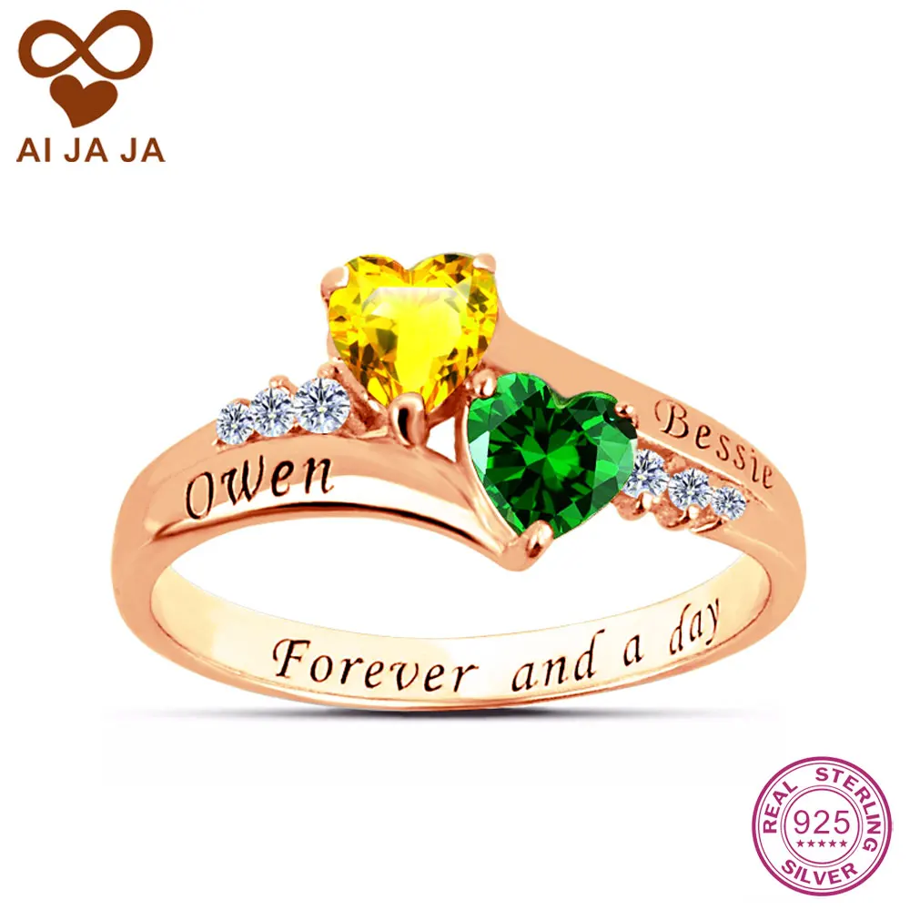 AIJAJA 925 Sterling Silver Engraving Women Rings Personalized Rose Gold Color DIY Heart Stones