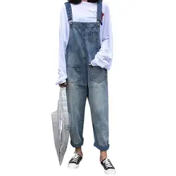 Джинсовые комбинезоны для Для женщин 2019 летние свободные карман прямой Джинсовые Комбинезоны женские Модные Высокая талия тонкие джинсы
