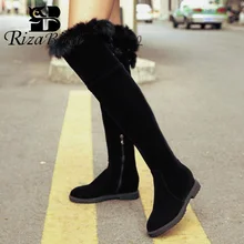 RizaBina/женские ботфорты с круглым носком на плоской подошве зимние теплые высокие сапоги В рыцарском стиле модная женская обувь P21950 размер 34-43