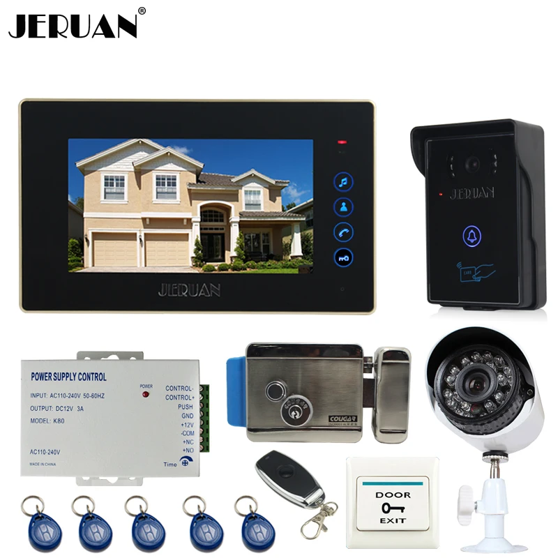 Best Price JERUAN 7 inch Video door Phone Entry intercom System kit waterproof RFID Access Camera +700TVL Analog Camera + E-lock In stock