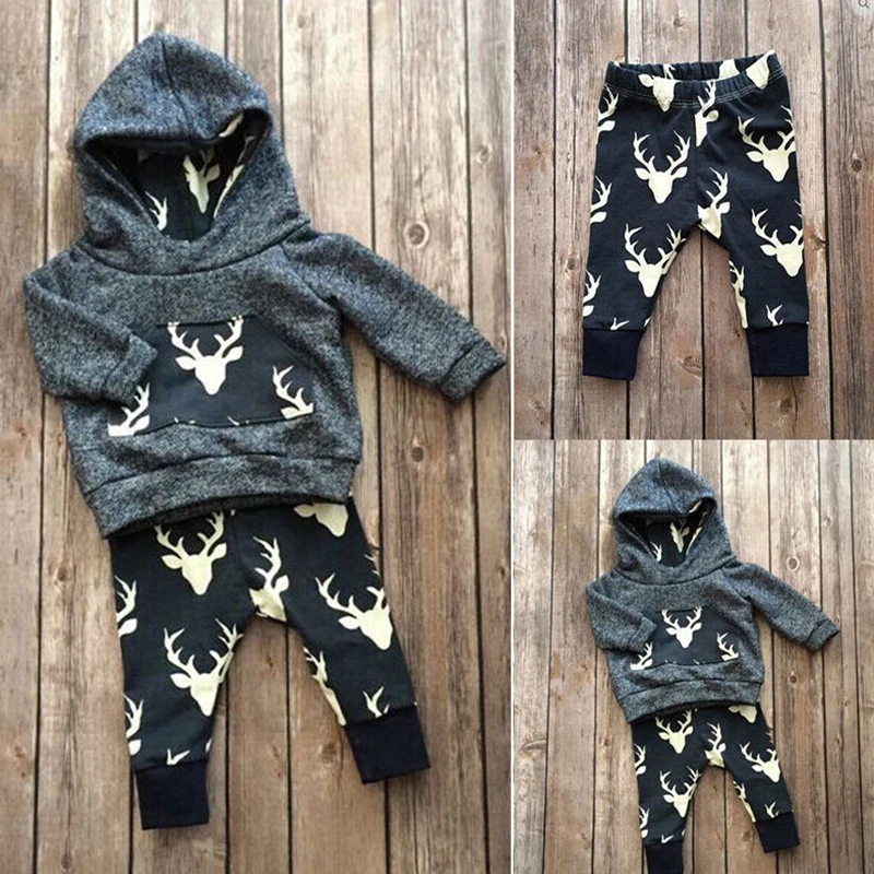 

2019 Hot selling Baby Boy Clothing Set Cotton hooded Deer Print Long Sleeve Infant 2pcs Suit Newborn Toddler Baby Girls Clothes