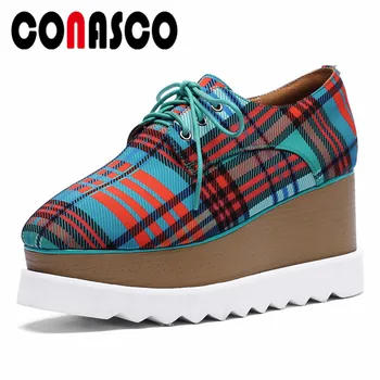 

CONASCO 2019 Spring Summer Women Flats Fashion Lace-up Shoes Comfortable Platforms Women Sneakers Plaid Basic Casual Shoes Woman
