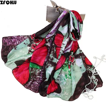 

ZFQHJJ Hot Sale Spring Autumn Women Butterfly Print Silk Scarf Red Blue Designers Brand Large Long Scarves Wraps Shawl 180x90cm