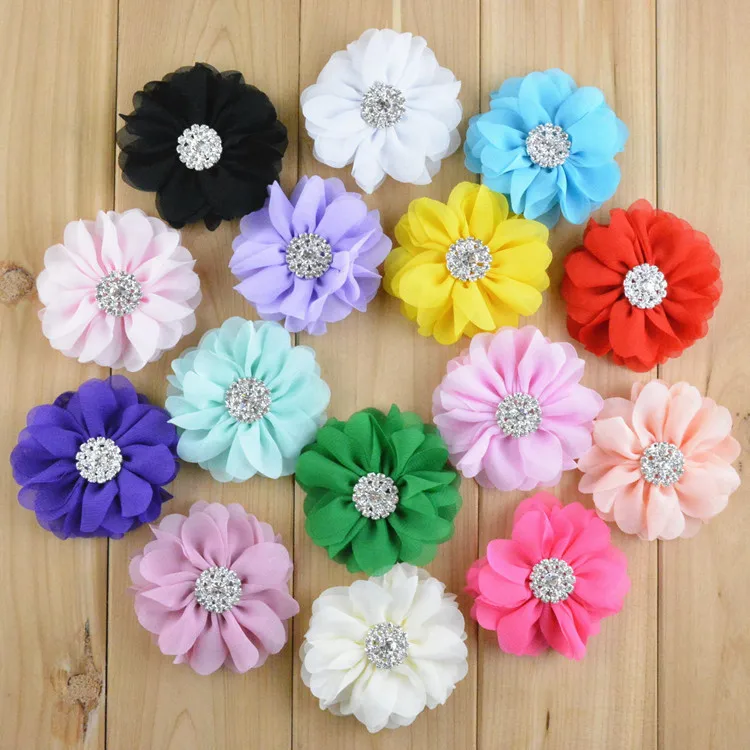 

60 PCS/LOT , 2.75" Vintage Chiffon Flower With Metal Crystal Center DIY Flowers
