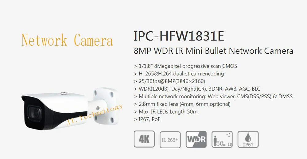 

Free Shipping DAHUA Security IP Camera 8MP WDR IR Mini Bullet Network Camera Without Logo IPC-HFW1831E