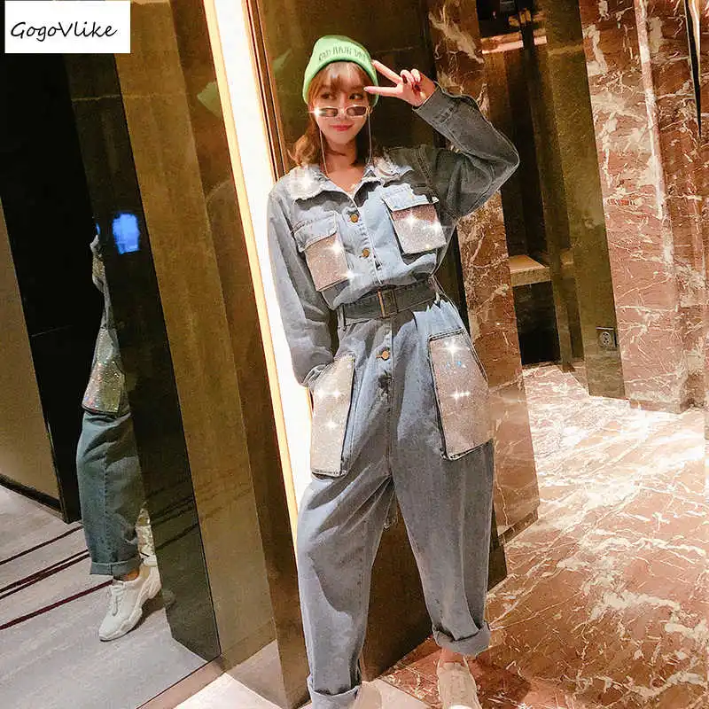 

Vintage Denim overalls High Waist 2019 Spring women Blue Cargo jumpsuit Casual Denim playsuit Sequined Pockets Overalls LT724S50