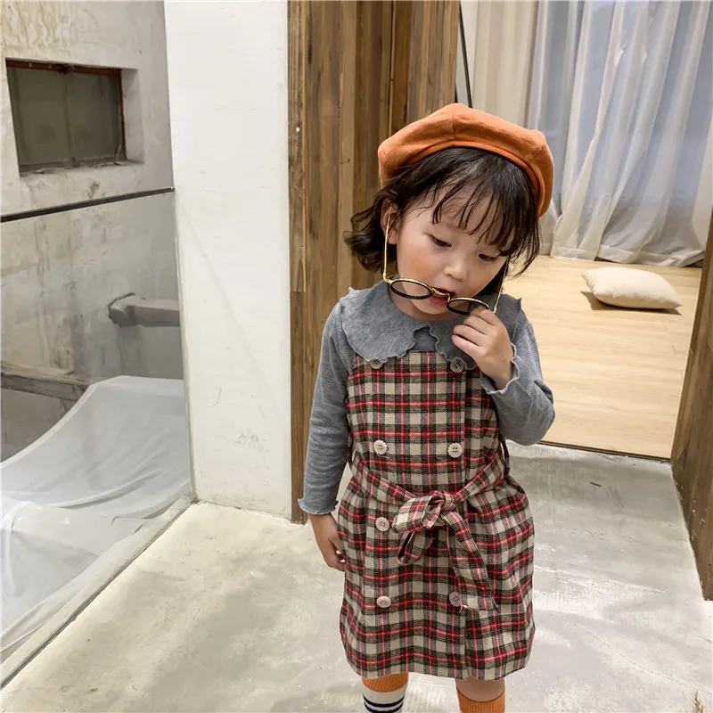 Новинка года; сезон осень; двубортное платье на бретельках для маленьких девочек; детское платье без рукавов для отдыха; одежда для детей