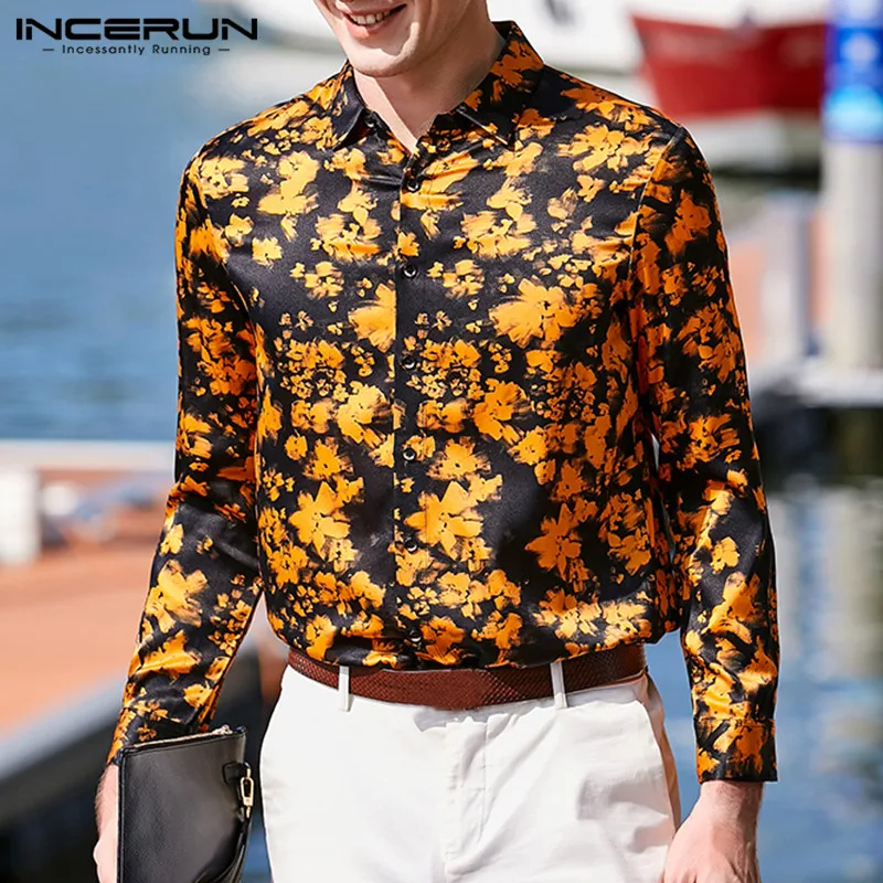 

INCERUN 2019 Men Dress Shirt Printing Silk Satin Long Sleeve Lapel Neck Tops Camisa Masculina Office Social Business Shirts Men
