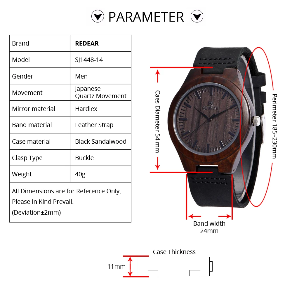 REDEAR Марка Дизайн классический черный сандалового дерева часы кожаный ремешок Для мужчин часы как Для женщин подарок на день рождения