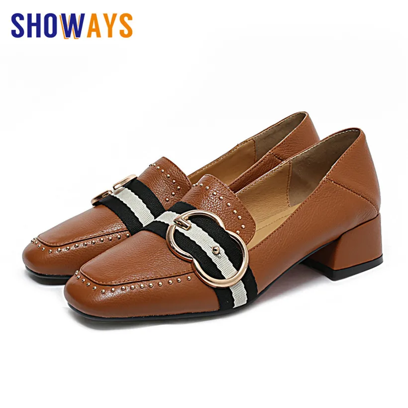 

2019 Vintage Women Buckle Loafers Quality PU Leather Square Toe Rivet Flats Casual Office Lady British Block Hoof Heel Mocassins