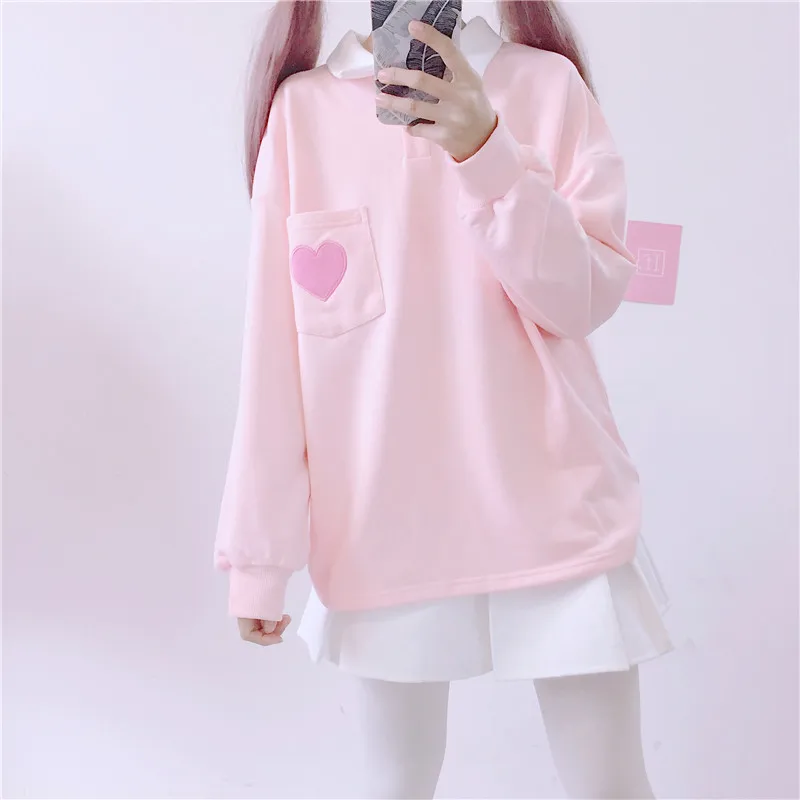 2018 Autumn Women top New Japanese loose pullover cute heart embroidery pocket stitching polp collar kawaii pink sweatshirt