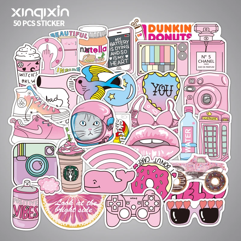 

50pcs/pack Mini PVC Waterproof Pink Girls Fun Sticker toys for children For Moto Car & Suitcase Cool Fashion Laptop stickers