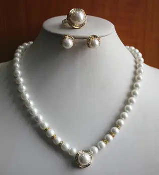 

Free Shipping Women'S Pure White Pearl Necklace Earring Ring(7/8/9)Jewelry Set