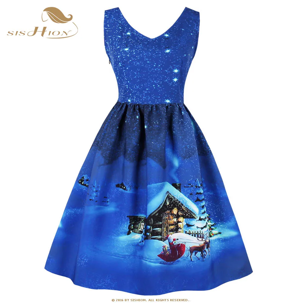 SISHION зимнее рождественское платье с принтом снеговика, Сексуальное Женское Платье без Рукавов Синего и красного цвета размера плюс, Повседневные Вечерние платья на год VD0643B