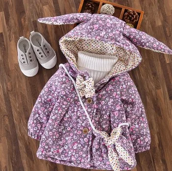 

Winter Baby Girls Floral Print Cute Rabbit Ear Hooded Princess Bow Jacket Coat Kids Thick Outerwear + Bag Casaco Roupas De Bebe