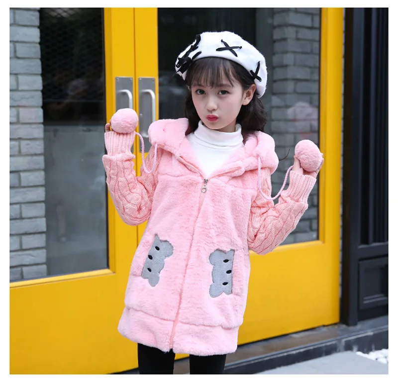 Зимнее пальто для маленьких девочек куртка с заячьими ушками детская флисовая верхняя одежда с искусственным мехом и Вельветовая плотная детская одежда для девочек 12 лет