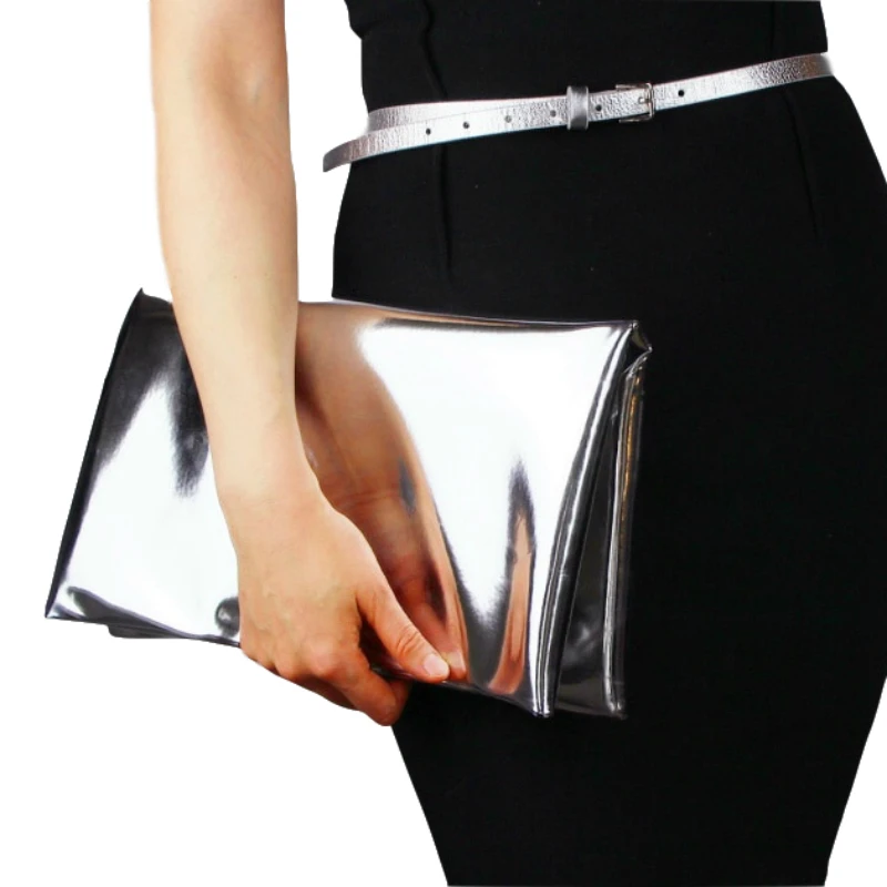 

Silver mirror color clutch 2019 new design quality folding curling clutch bag handbag simple smooth patent leather evening bag
