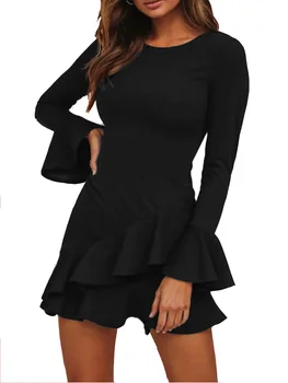 

REPHYLLIS Stylish Black Casual Work Cocktail Party Dress Women Scoop Neck Long Sleeve Ruffles A Line Fashion Mini Dress