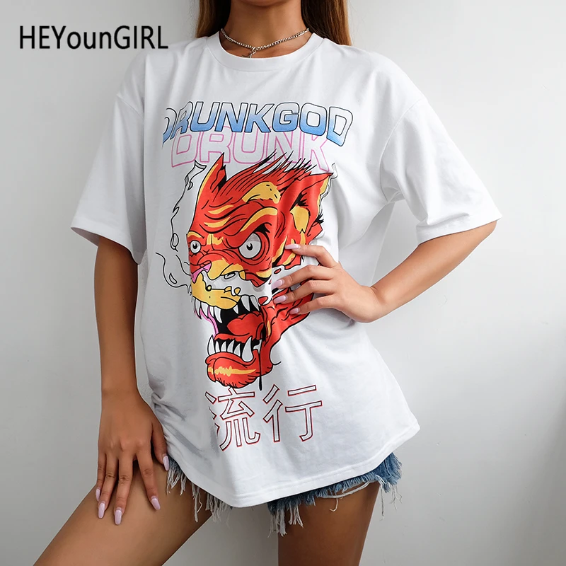 

HEYounGIRL Printed Casual Loose Long T Shirt Ladies Half Sleeve Harajuku Punk Tee Shirt Women Korean Style T-shirt Cotton Summer