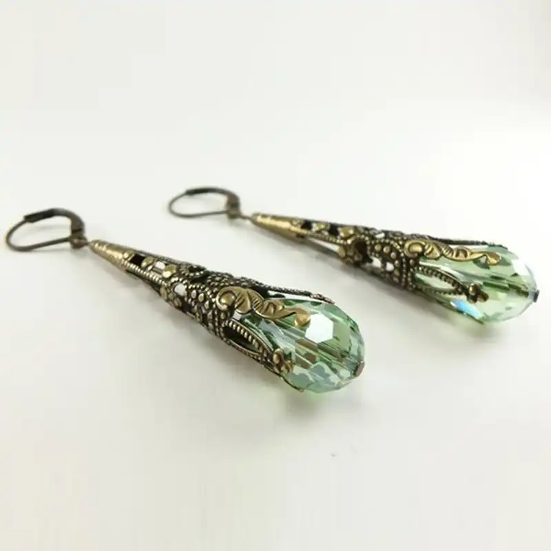 Long Dangle Brass Crystal Earrings Party Accessories Women Peridot Earrings J