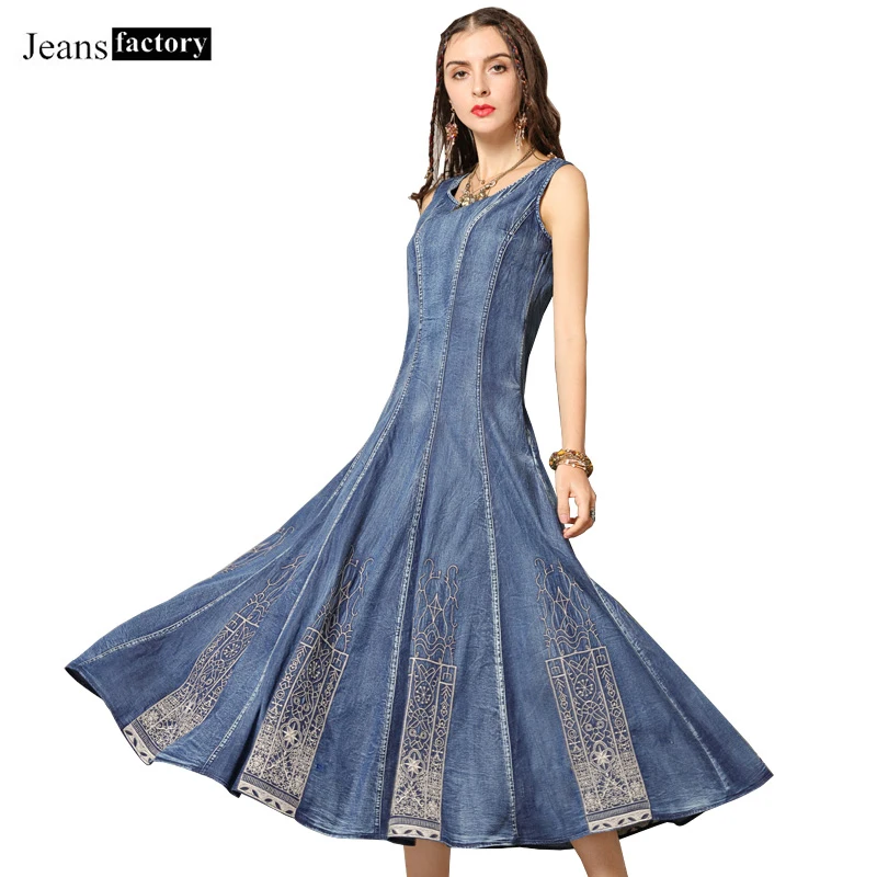 

Summer New Vintage Embroidered Dress Women Sleeveless Maxi Long Dress Elegant Cowboy High Waist Plus Size O-Neck A-line Dresses