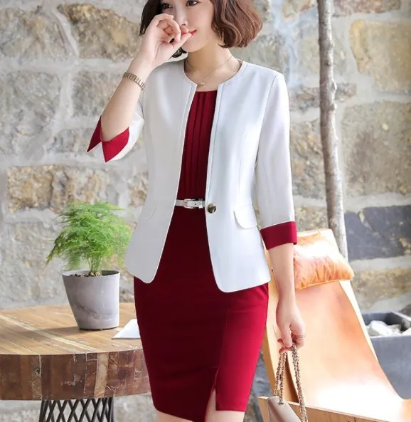 

Short Sleeve Jacket and Mini Dress 2 Pieces Set Formal Dres Suit Women Work Wear Office Lady Uniform Style Business Dresses Suit