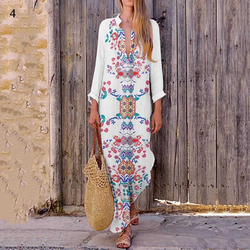 

Women Ladies Fashion Dress Loose Cotton Linen Maxi Dress Long Sleeve Casual Bohemian Kaftan Tunic Gypsy Ethnic