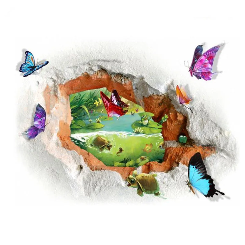 

New 3D Broken Wall Stickers Animal Park Turtle Butterfly Sticker Home Decor Living Room Bedroom Mural Wall Decals