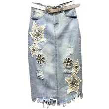 Винтажная Повседневная джинсовая женская длинная юбка с цветочной вышивкой, джинсовые длинные юбки для женщин