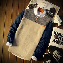 Male casual men s long sleeve slim T shirt patchwork buttons decoration school wear male T
