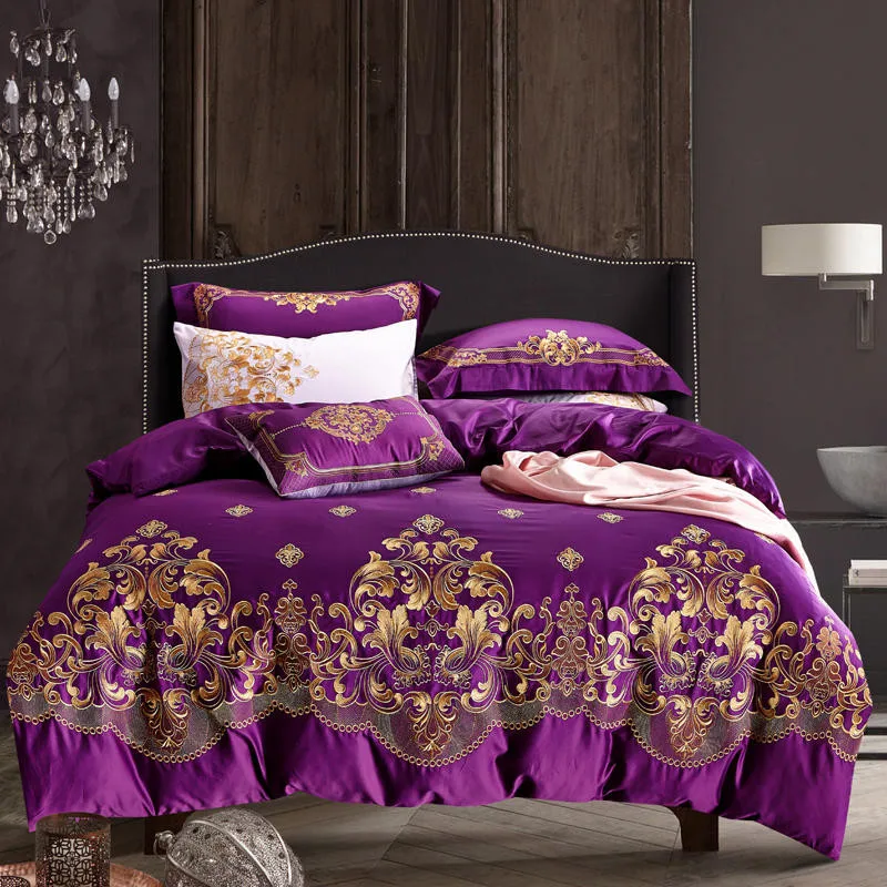 

Purple European Style Royal Embroidery 60s Long-staple Cotton Bedding Set Duvet Cover Bed Linen Bed sheet Pillowcases 4Pcs