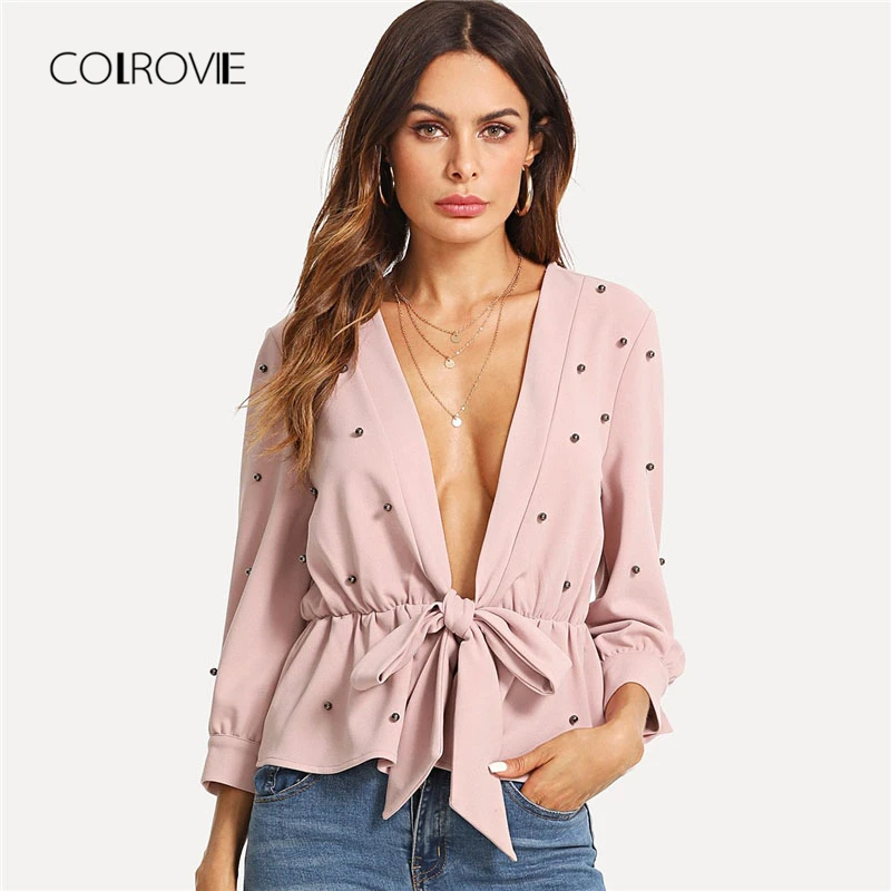 Acheter COLROVIE Perle Perles Noeud Avant Chemisier À Volants Chemise 2018 Nouveau Printemps Profonde V Cou Plaine Rose Femmes Top À Volants Ourlet sexy Chemisier