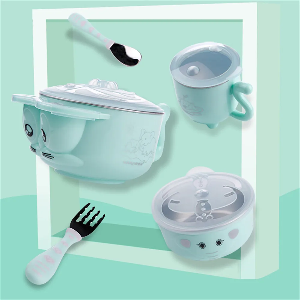 

Baby Water Injection Insulation Baby Food Bowl Baby Stainless Steel Anti-drop Suction Cup Bowl Spoon Set Children Tableware Dish
