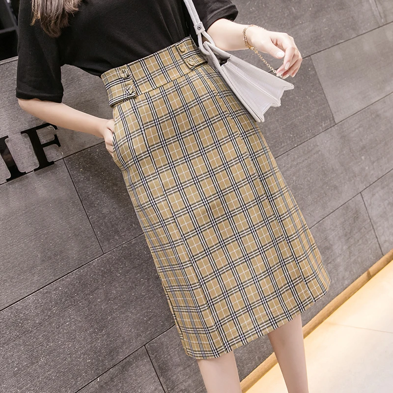 

2019 New Plaid Skirts Women High Waist Back Split Midi Knee Length Women's Skirt Slim A Line Skirts Female Buttons Elegant Saia