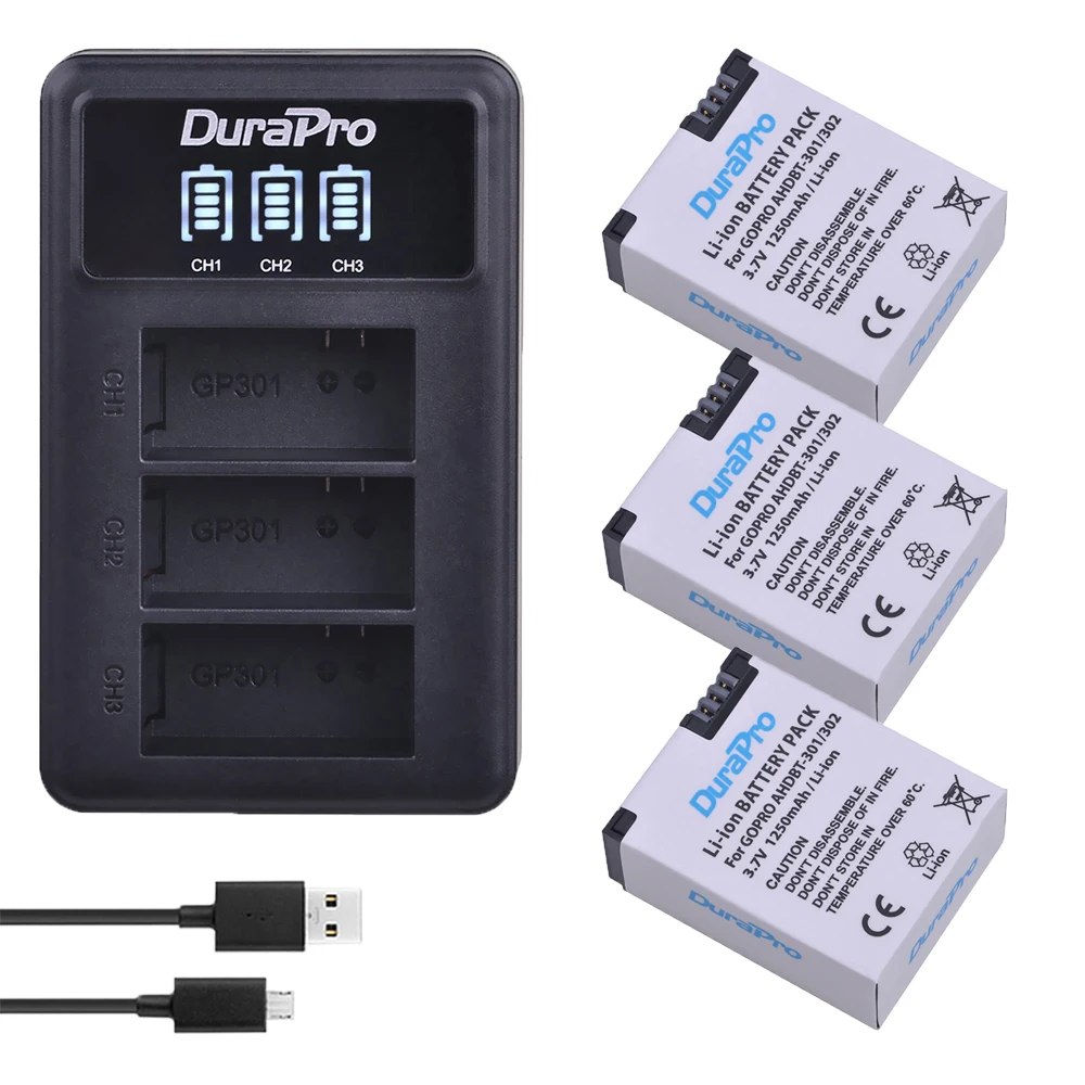 3pc 1250mAh AHDBT 301 AHDBT 302 Rechargeable Battery LED 3 Ports Charger for AHDBT 301 302