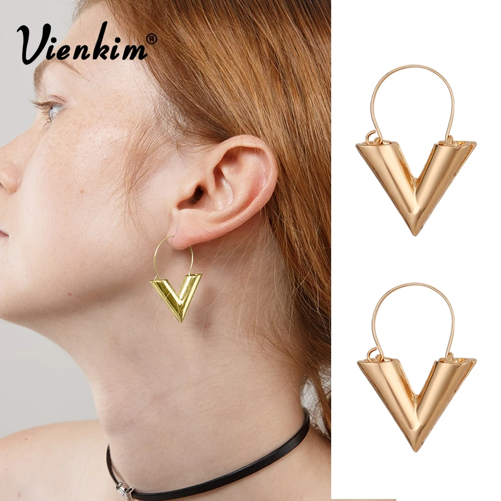 

Vienkim 2019 New Simple Metal Earrings V Letter Shape Circle Drop Earrings Punk Tribal Female Piercing Creative Gift Earring