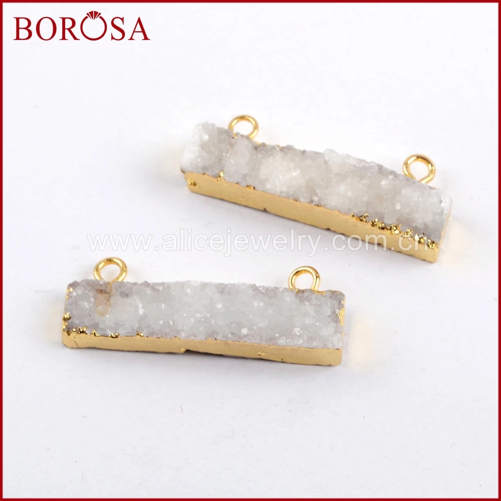 

BOROSA 5/10PCS Rough Natural Color Rectangle Bar Druzy Connector for Jewelry Making Gold Color Gems Double Charms G1579