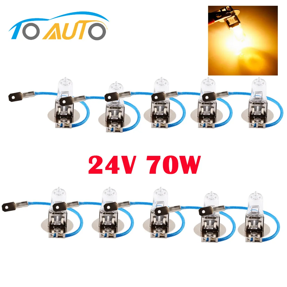 

10 pcs H3 24V Halogen Bulbs Car Headlight 70W Quartz Glass High Power Auto Headlamp 3000K Yellow