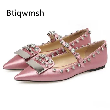 

2019 Luxury Satin Flat Shoes Woman Pointed Toe Rhinestone Silver Metal Decor Dress Shoes For Women Party Shoes