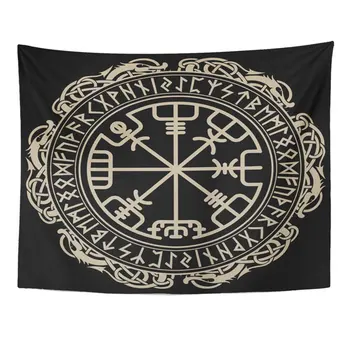 

Tapestry Mandala Home Decor Black Viking Magical Runic Compass Vegvisir In The Circle Of Norse Runes Tapestries Bedroom