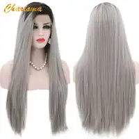 Charisma Long Silky Straight Synthetic Lace Front Wigs Grey Dark Roots Ombre Wigs 24 Inch With Natural Hairline Wigs For Women