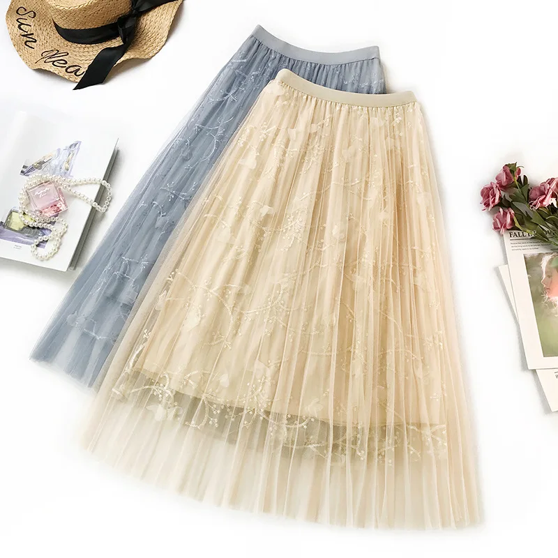 

2019 New Spring Summer Embroidery Lady Style Three-dimensional Embroidery Mesh Skirt Female Mid-Calf Natural A-Line