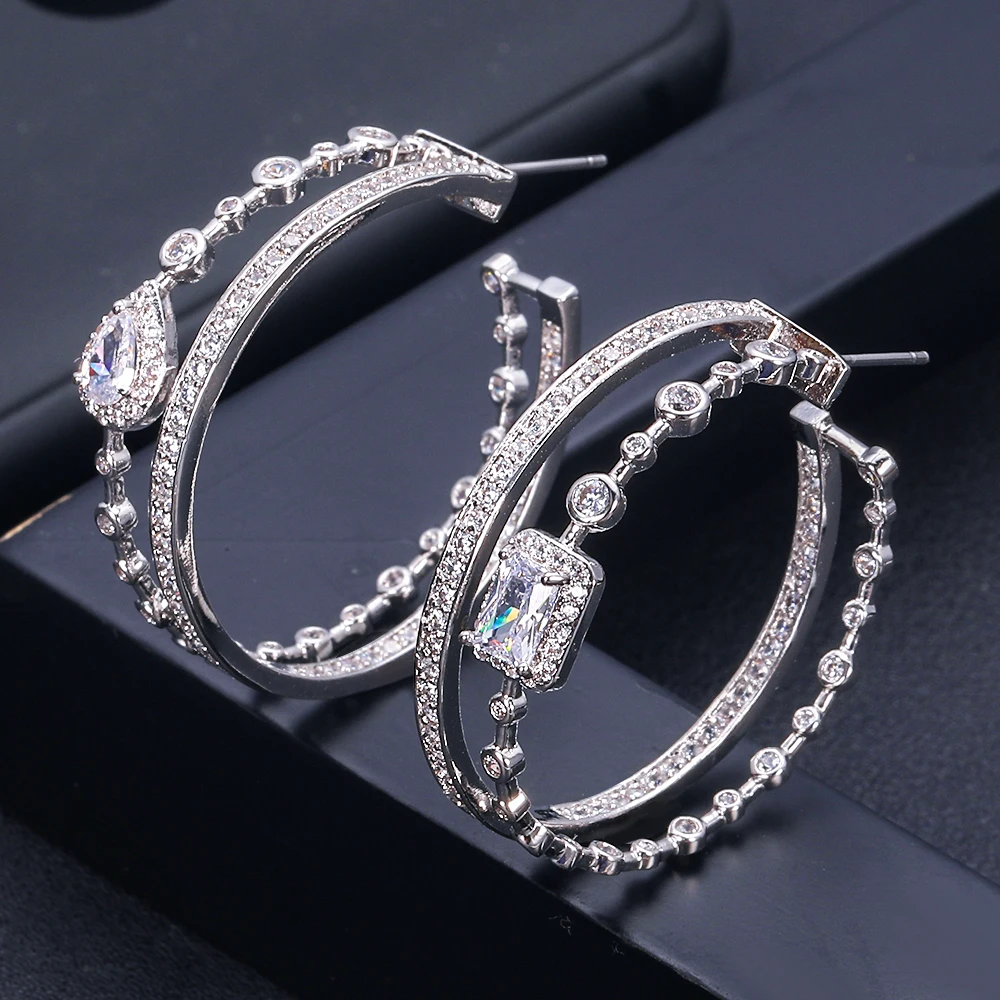 

janeklly trendy Geometric bambo Hoop Earrings For Women Accessories Full Cubic Zirconia Earrings Jewelry pendientes mujer moda