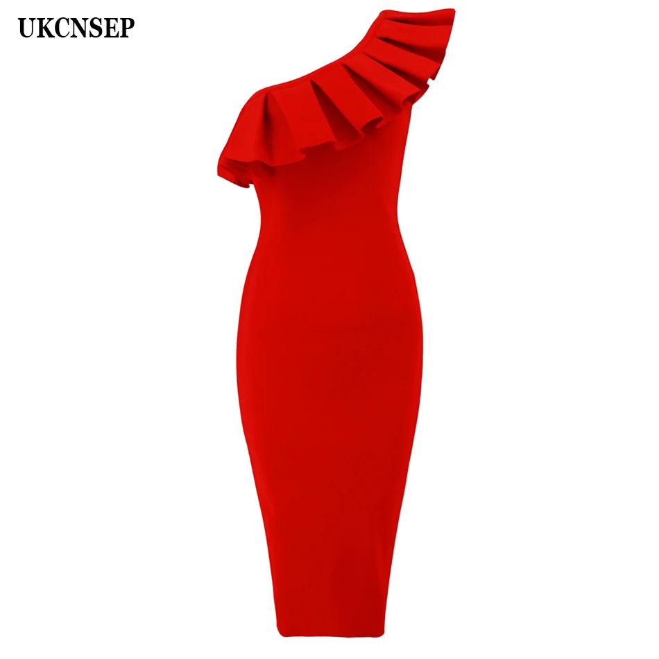 

2019 Hot Sale New Arrival Sexy Bandage Dress Women Red Sleeveless One Shoulder Chic Vestidos Cocktail Celebrity Party Dress