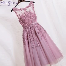 Cocktail Dresses Knee Length Sexy Pink Lace Short Party Gown Scoop Neck Sleeveless robe Formal