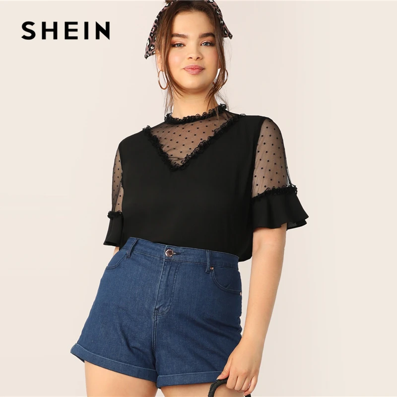 

SHEIN Plus Size Black Lace Frill And Mesh Insert Bell Sleeve Top Blouse 2019 Women Summer Elegant Flounce Sleeve Sheer Blouses