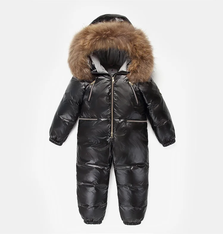 Зима, детский зимний костюм для мальчика, плотное пуховое пальто с мехом, детская зимняя одежда унисекс, комбинезон, детские комбинезоны, Детские Лыжные комбинезоны, одежда - Цвет: Черный